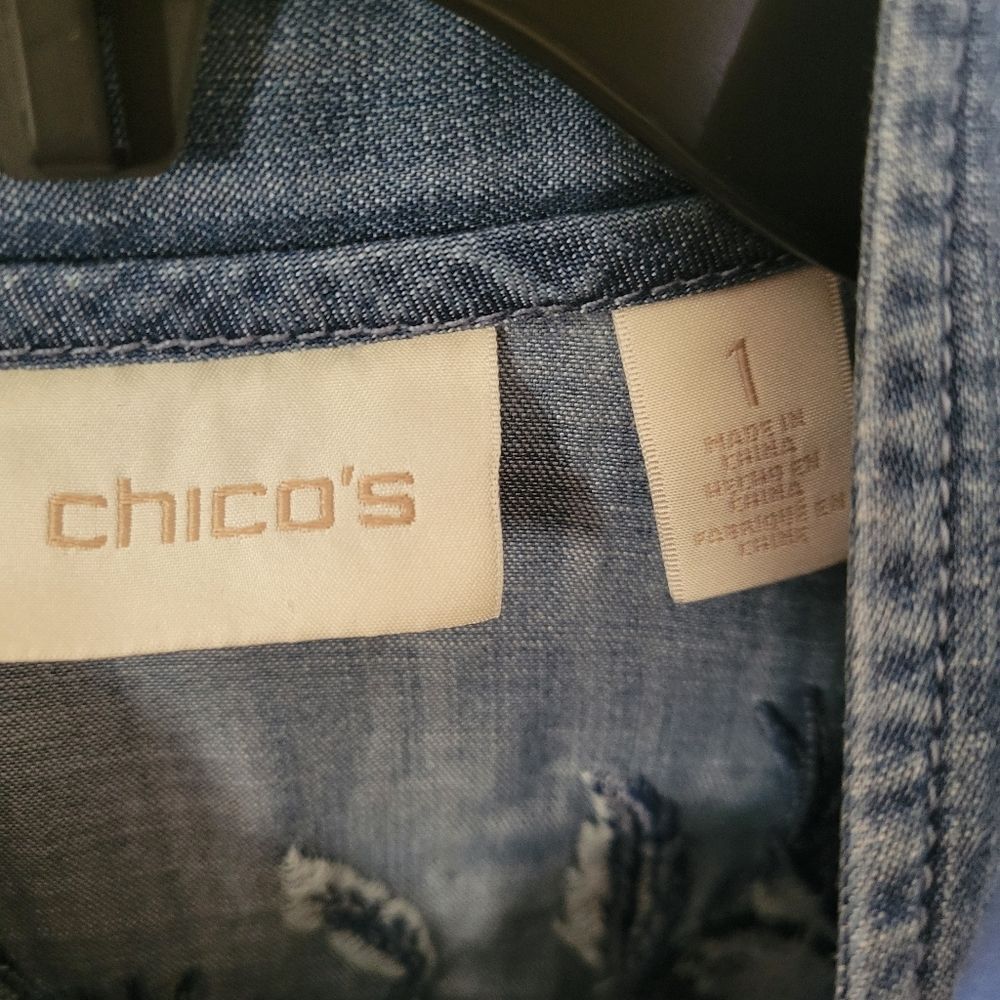 Chico's | Chambray Embroidered Birds Full Zip Artsy Jacket Coastal Grandma M - Picture 4 of 9